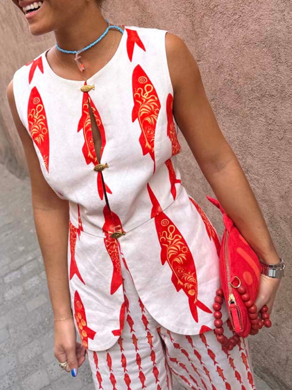 Fish Print Sleeveless Top and Pants Set - Picture 3 of 13
